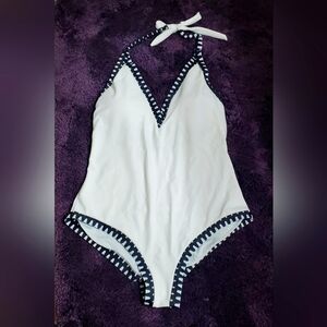 White Halter One-Piece Swimsuit with Black Trim